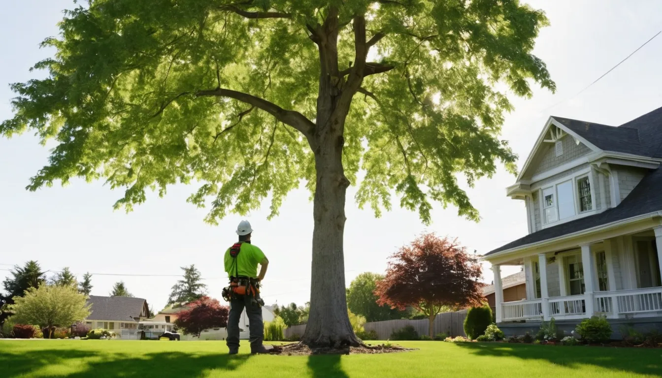 A local provider inspecting a large tree beside a house near Aurora